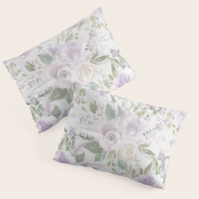 Lavender pastel green white watercolor floral pattern Pillow Sham Gallery Image 3