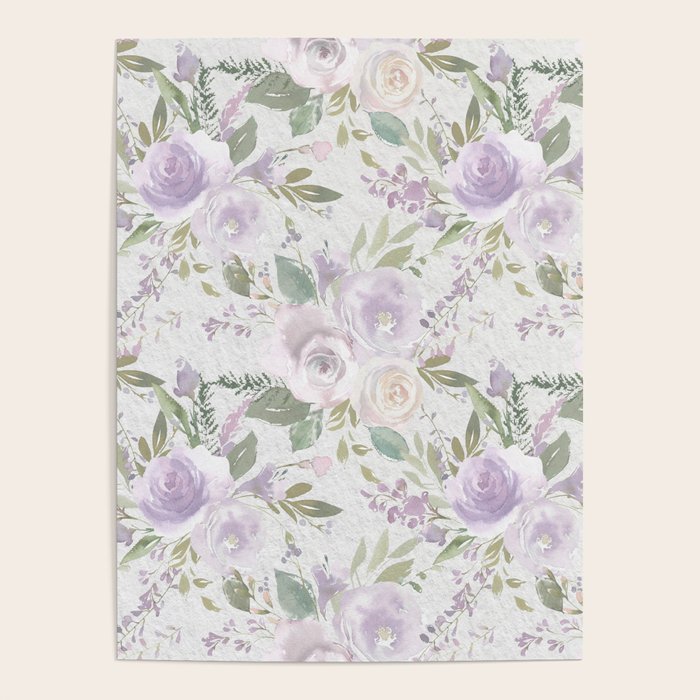Lavender pastel green white watercolor floral pattern Poster Gallery Image 1