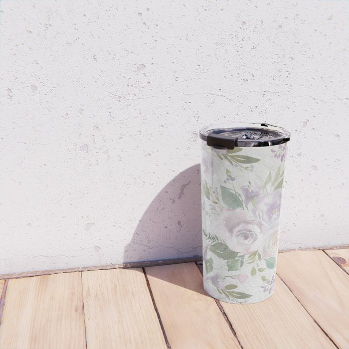 Lavender pastel green white watercolor floral pattern Travel Mug Gallery Image 4