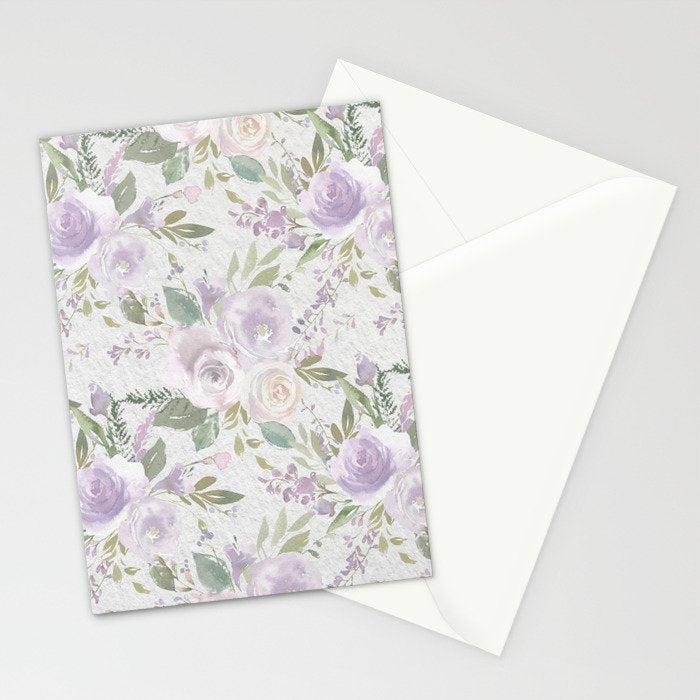 Lavender pastel green white watercolor floral pattern Stationery Card Gallery Image 2