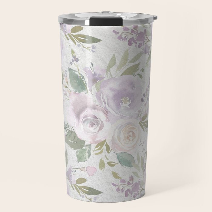 Lavender pastel green white watercolor floral pattern Travel Mug Gallery Image 1