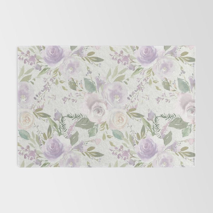 Lavender pastel green white watercolor floral pattern Rug Gallery Image 2
