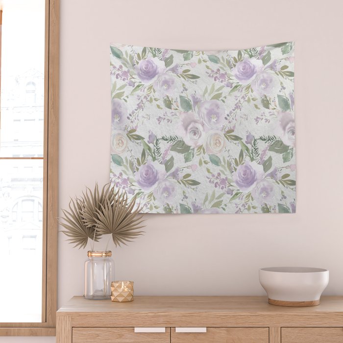 Lavender pastel green white watercolor floral pattern Wall Tapestry Gallery Image 2
