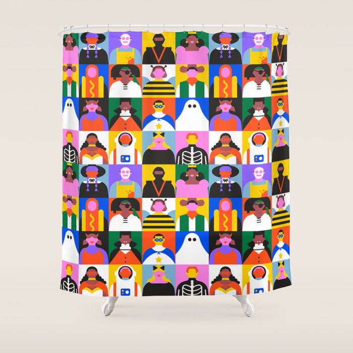 Diverse people in halloween costume pattern Shower Curtain Gallery Image 1