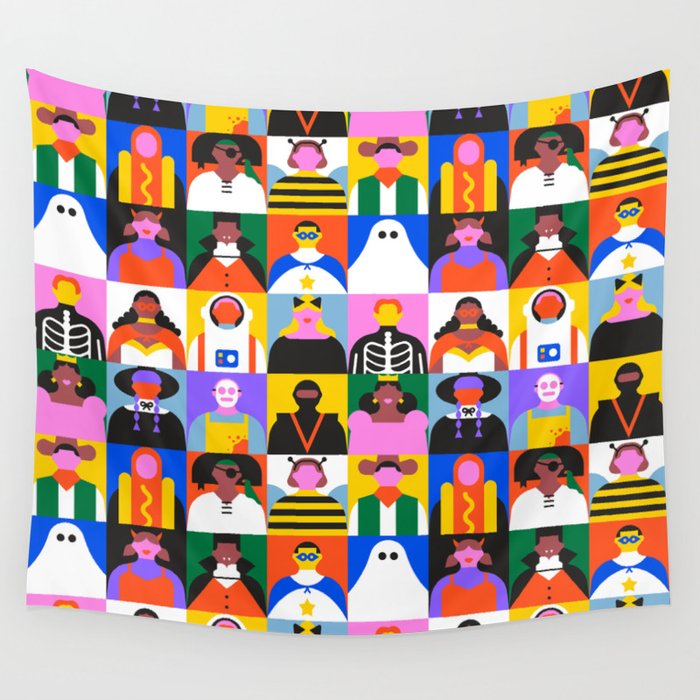 Diverse people in halloween costume pattern Wall Tapestry Gallery Image 1