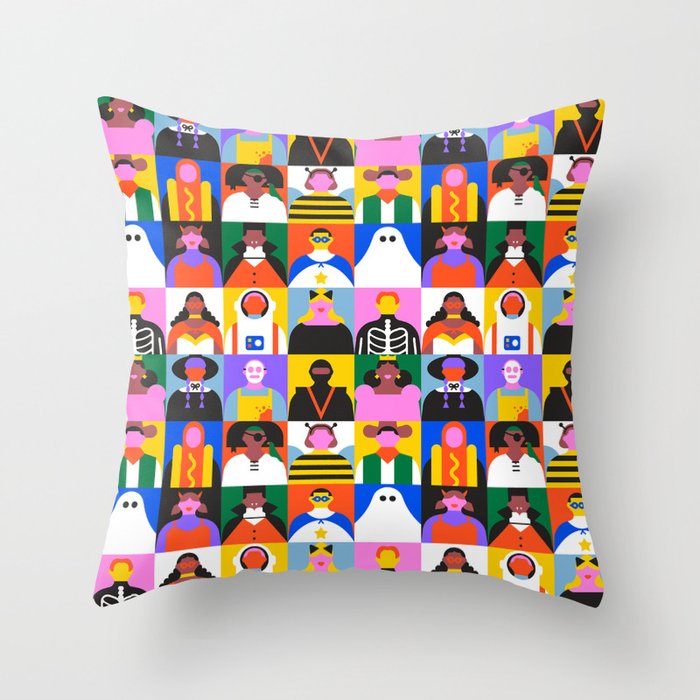 Diverse people in halloween costume pattern Throw Pillow Gallery Image 1