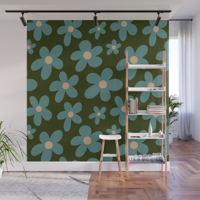 Daisy Pop - Turquoise and Dark Green Wall Mural Gallery Image 1