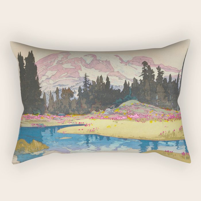 Mount Rainier Vintage Beautiful Japanese Woodblock Print Hiroshi Yoshida Rectangular Pillow Gallery Image 1