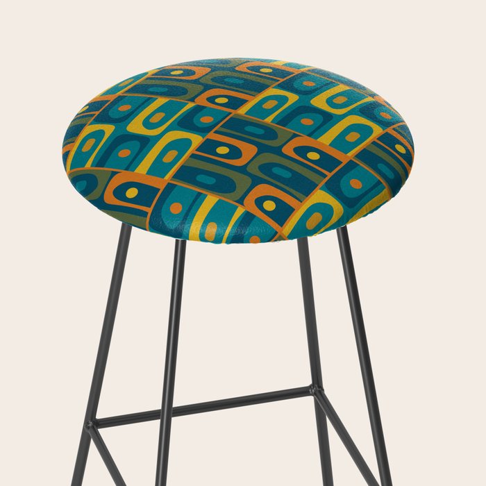 Mid Century Modern Piquet Abstract Multi Pattern in Moroccan Blue Teal Orange Olive Mustard Stool Gallery Image 2