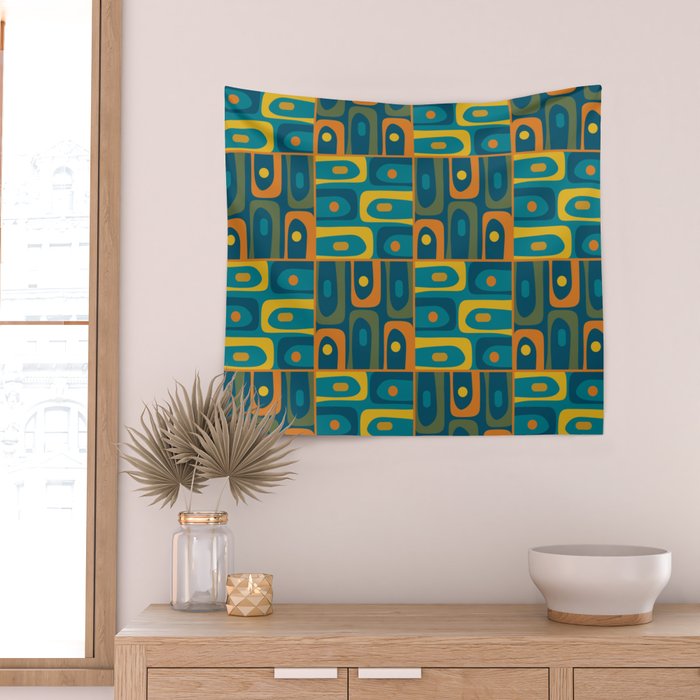 Mid Century Modern Piquet Abstract Multi Pattern in Moroccan Blue Teal Orange Olive Mustard Wall Tapestry Gallery Image 2