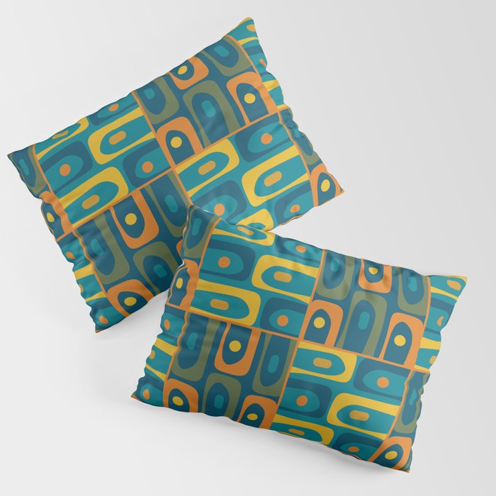 Mid Century Modern Piquet Abstract Multi Pattern in Moroccan Blue Teal Orange Olive Mustard Pillow Sham Gallery Image 1