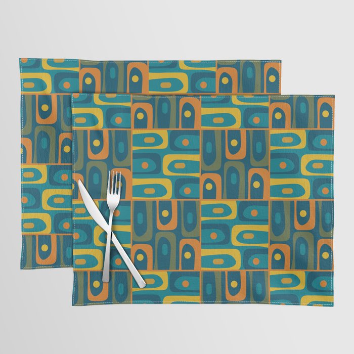 Mid Century Modern Piquet Abstract Multi Pattern in Moroccan Blue Teal Orange Olive Mustard Placemat Gallery Image 1