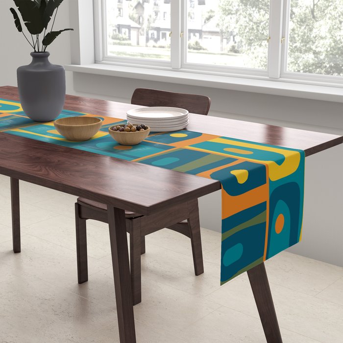Mid Century Modern Piquet Abstract Multi Pattern in Moroccan Blue Teal Orange Olive Mustard Table Runner Gallery Image 2