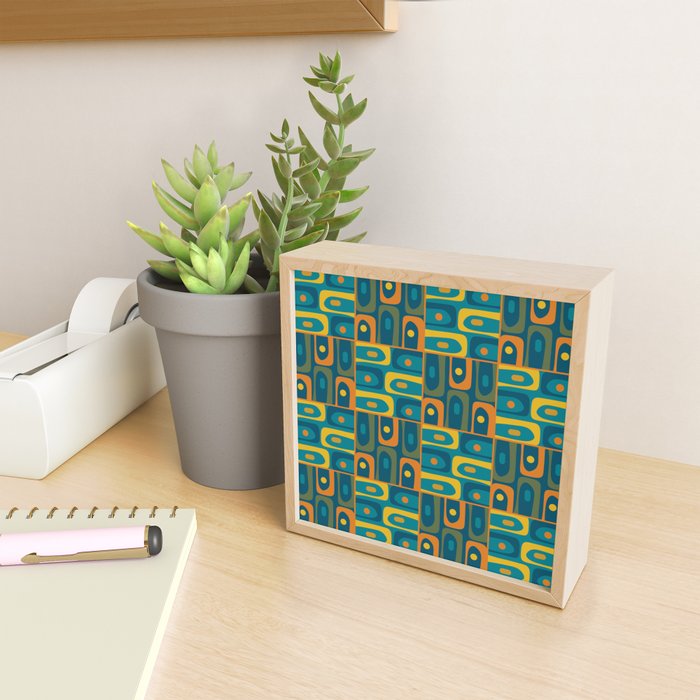 Mid Century Modern Piquet Abstract Multi Pattern in Moroccan Blue Teal Orange Olive Mustard Mini Art Print Gallery Image 2