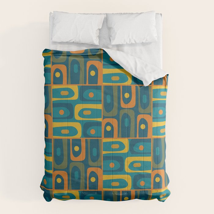 Mid Century Modern Piquet Abstract Multi Pattern in Moroccan Blue Teal Orange Olive Mustard Comforter Gallery Image 1