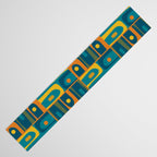Mid Century Modern Piquet Abstract Multi Pattern in Moroccan Blue Teal Orange Olive Mustard Table Runner Gallery Image 3