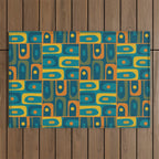 Mid Century Modern Piquet Abstract Multi Pattern in Moroccan Blue Teal Orange Olive Mustard Outdoor Rug Gallery Image 1