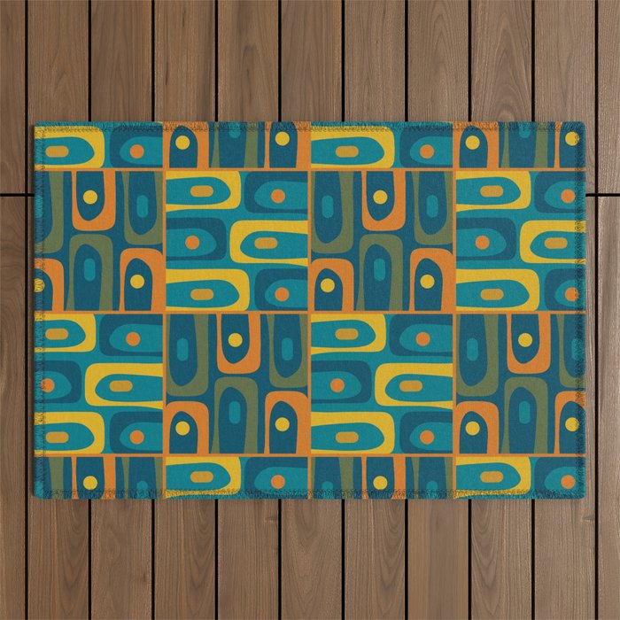 Mid Century Modern Piquet Abstract Multi Pattern in Moroccan Blue Teal Orange Olive Mustard Outdoor Rug Gallery Image 1