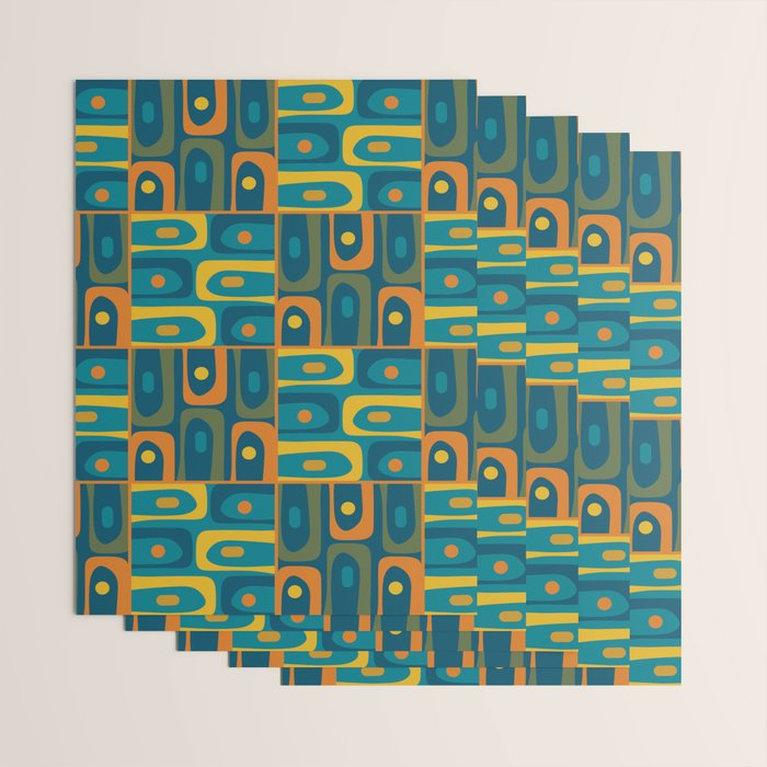 Mid Century Modern Piquet Abstract Multi Pattern in Moroccan Blue Teal Orange Olive Mustard Wrapping Paper Gallery Image 3