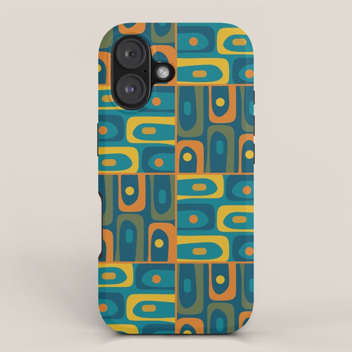 Mid Century Modern Piquet Abstract Multi Pattern in Moroccan Blue Teal Orange Olive Mustard iPhone Case Gallery Image 1