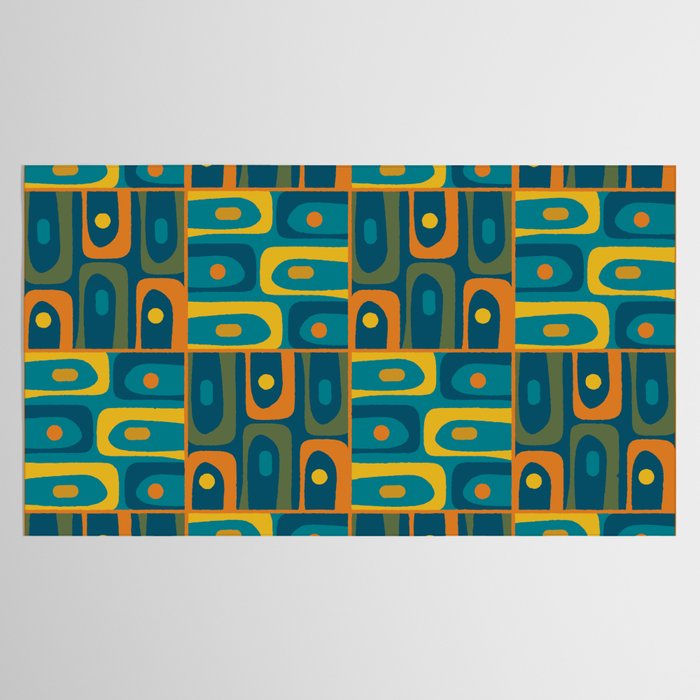 Mid Century Modern Piquet Abstract Multi Pattern in Moroccan Blue Teal Orange Olive Mustard Tablecloth Gallery Image 2