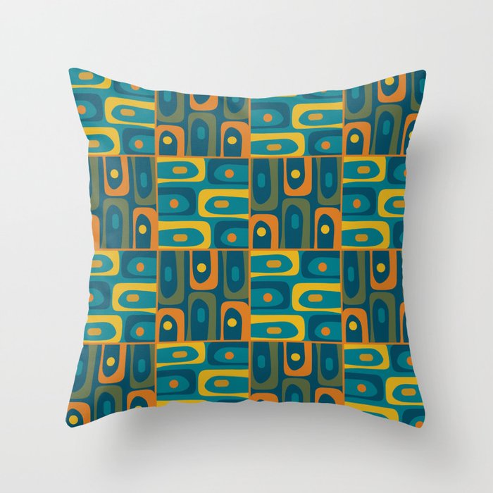Mid Century Modern Piquet Abstract Multi Pattern in Moroccan Blue Teal Orange Olive Mustard Throw Pillow Gallery Image 1
