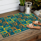 Mid Century Modern Piquet Abstract Multi Pattern in Moroccan Blue Teal Orange Olive Mustard Outdoor Rug Gallery Image 2