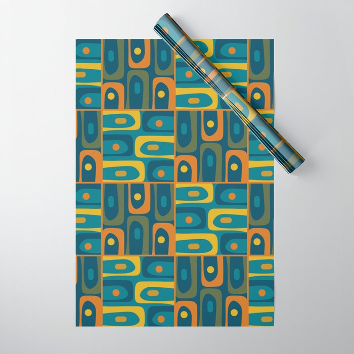 Mid Century Modern Piquet Abstract Multi Pattern in Moroccan Blue Teal Orange Olive Mustard Wrapping Paper Gallery Image 1