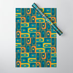 Mid Century Modern Piquet Abstract Multi Pattern in Moroccan Blue Teal Orange Olive Mustard Wrapping Paper Gallery Image 1