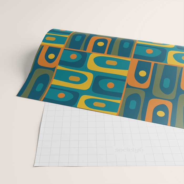 Mid Century Modern Piquet Abstract Multi Pattern in Moroccan Blue Teal Orange Olive Mustard Wrapping Paper Gallery Image 2