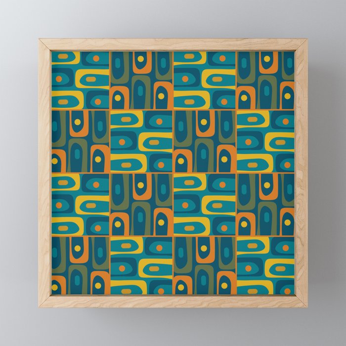 Mid Century Modern Piquet Abstract Multi Pattern in Moroccan Blue Teal Orange Olive Mustard Mini Art Print Gallery Image 1