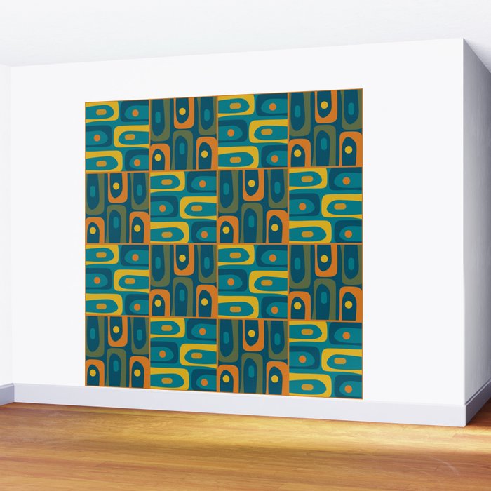 Mid Century Modern Piquet Abstract Multi Pattern in Moroccan Blue Teal Orange Olive Mustard Wall Mural Gallery Image 2