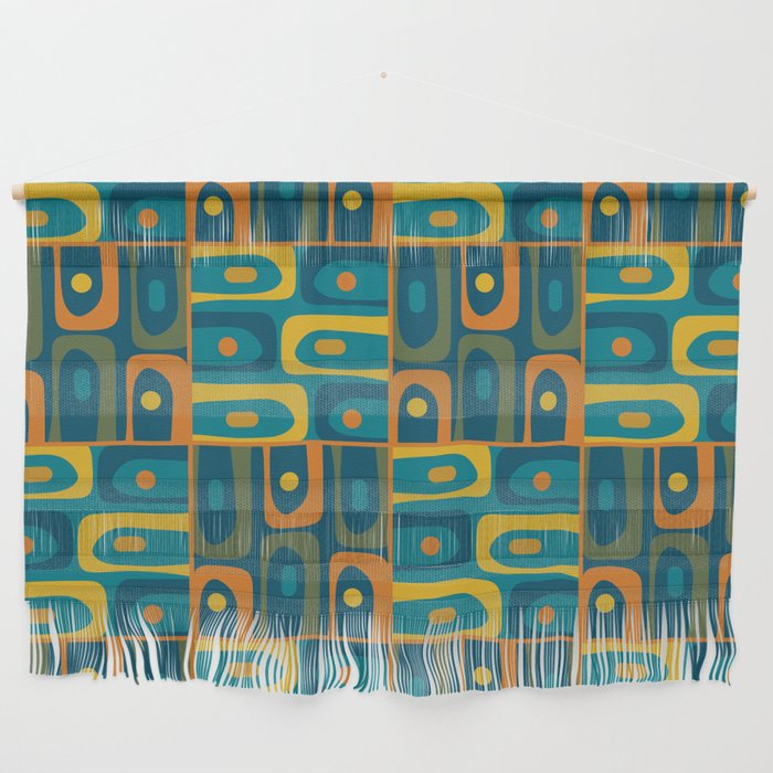 Mid Century Modern Piquet Abstract Multi Pattern in Moroccan Blue Teal Orange Olive Mustard Wall Hanging Gallery Image 1