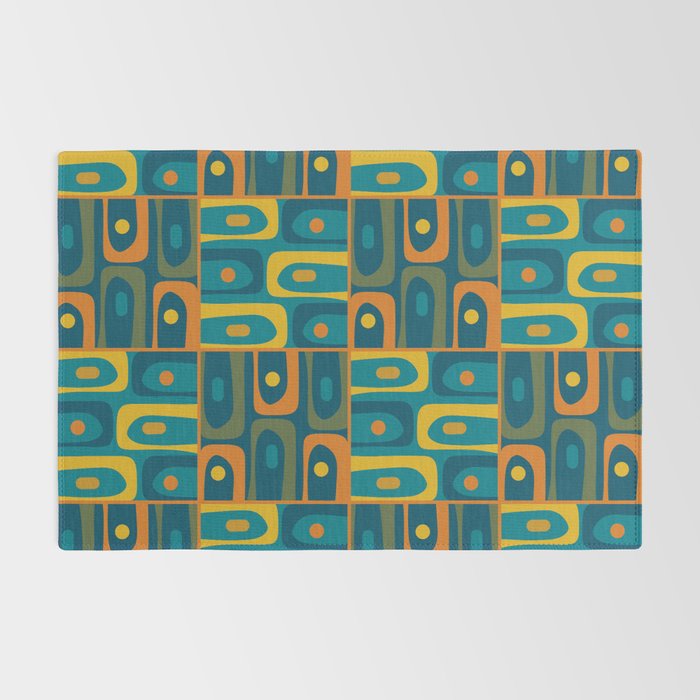 Mid Century Modern Piquet Abstract Multi Pattern in Moroccan Blue Teal Orange Olive Mustard Rug Gallery Image 2
