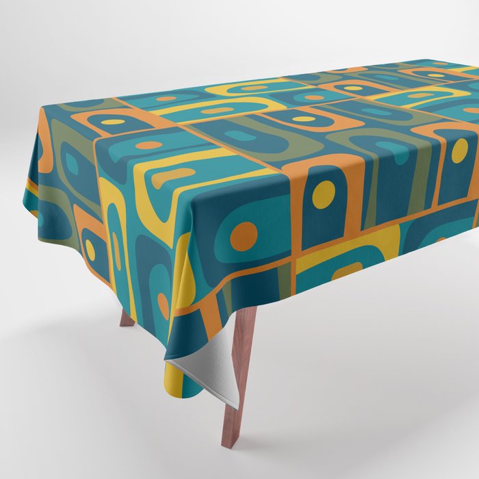 Mid Century Modern Piquet Abstract Multi Pattern in Moroccan Blue Teal Orange Olive Mustard Tablecloth Gallery Image 1