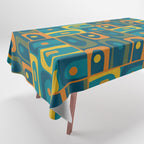 Mid Century Modern Piquet Abstract Multi Pattern in Moroccan Blue Teal Orange Olive Mustard Tablecloth Gallery Image 1