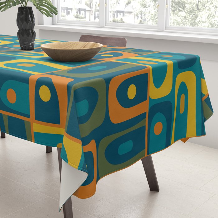 Mid Century Modern Piquet Abstract Multi Pattern in Moroccan Blue Teal Orange Olive Mustard Tablecloth Gallery Image 3