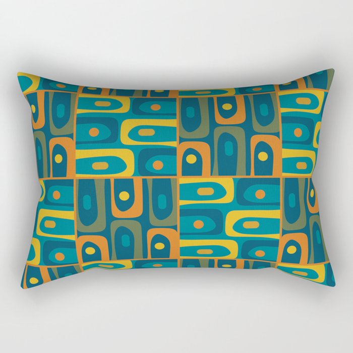Mid Century Modern Piquet Abstract Multi Pattern in Moroccan Blue Teal Orange Olive Mustard Rectangular Pillow Gallery Image 1