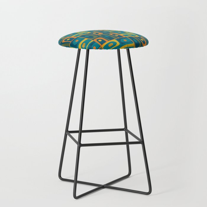 Mid Century Modern Piquet Abstract Multi Pattern in Moroccan Blue Teal Orange Olive Mustard Stool Gallery Image 1