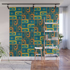 Mid Century Modern Piquet Abstract Multi Pattern in Moroccan Blue Teal Orange Olive Mustard Wall Mural Gallery Image 1