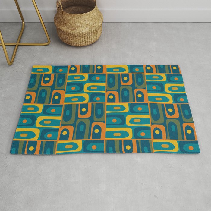 Mid Century Modern Piquet Abstract Multi Pattern in Moroccan Blue Teal Orange Olive Mustard Rug Gallery Image 1
