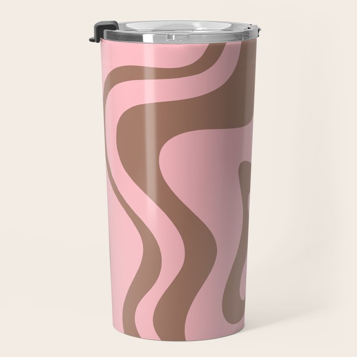 Retro Liquid Swirl Contemporary Abstract Pattern in Mocha Brown and Pink Travel Mug Gallery Image 3