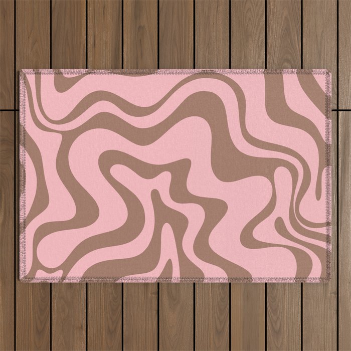 Retro Liquid Swirl Contemporary Abstract Pattern in Mocha Brown and Pink Outdoor Rug Gallery Image 1