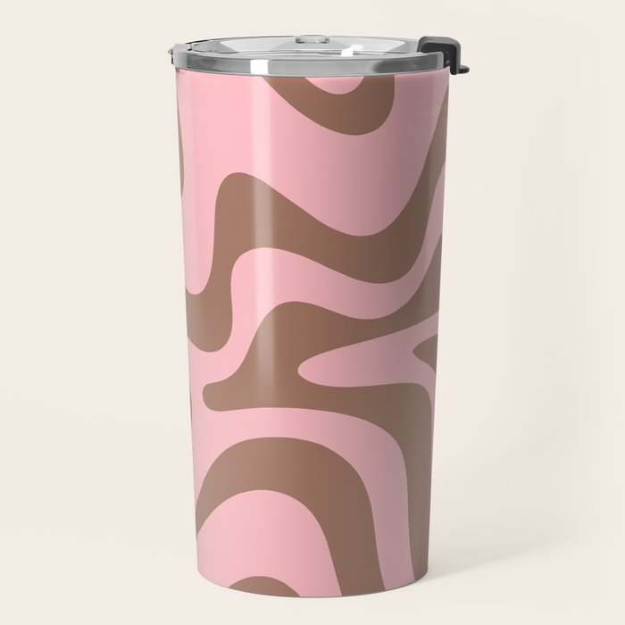 Retro Liquid Swirl Contemporary Abstract Pattern in Mocha Brown and Pink Travel Mug Gallery Image 2