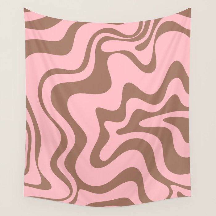 Retro Liquid Swirl Contemporary Abstract Pattern in Mocha Brown and Pink Wall Tapestry Gallery Image 4