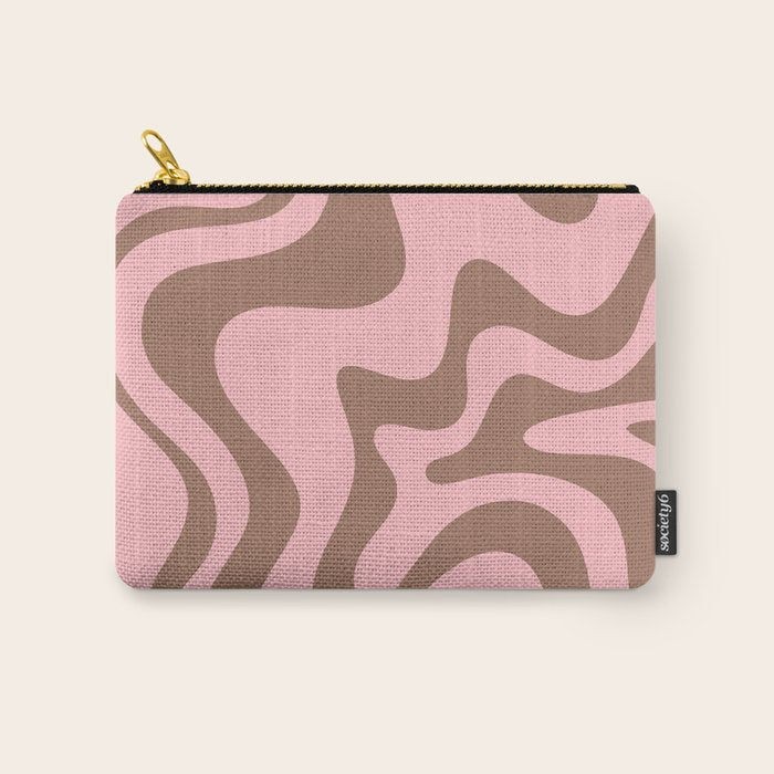 Retro Liquid Swirl Contemporary Abstract Pattern in Mocha Brown and Pink Carry All Pouch Gallery Image 1