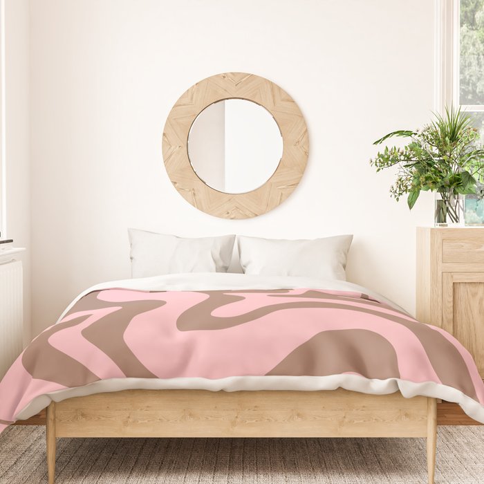 Retro Liquid Swirl Contemporary Abstract Pattern in Mocha Brown and Pink Duvet Cover Gallery Image 3