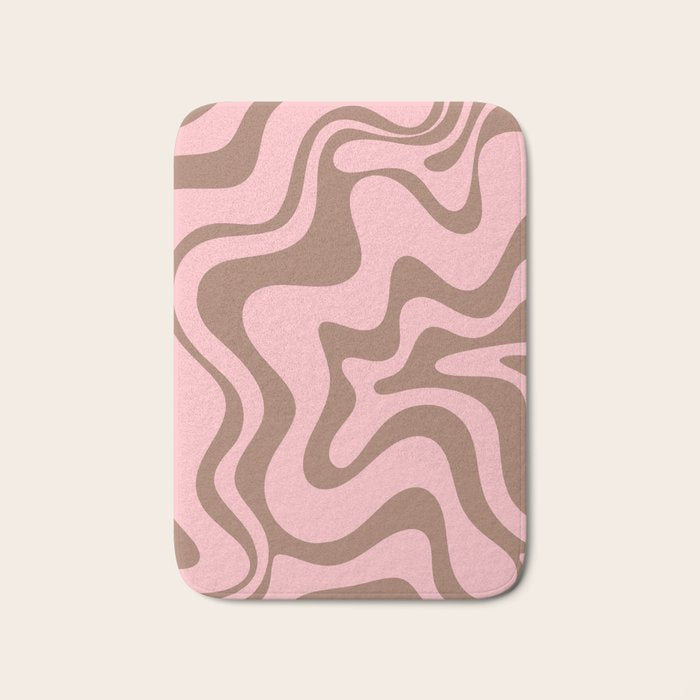 Retro Liquid Swirl Contemporary Abstract Pattern in Mocha Brown and Pink Bath Mat Gallery Image 1
