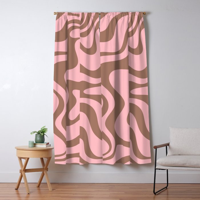Retro Liquid Swirl Contemporary Abstract Pattern in Mocha Brown and Pink Window Curtain Gallery Image 1