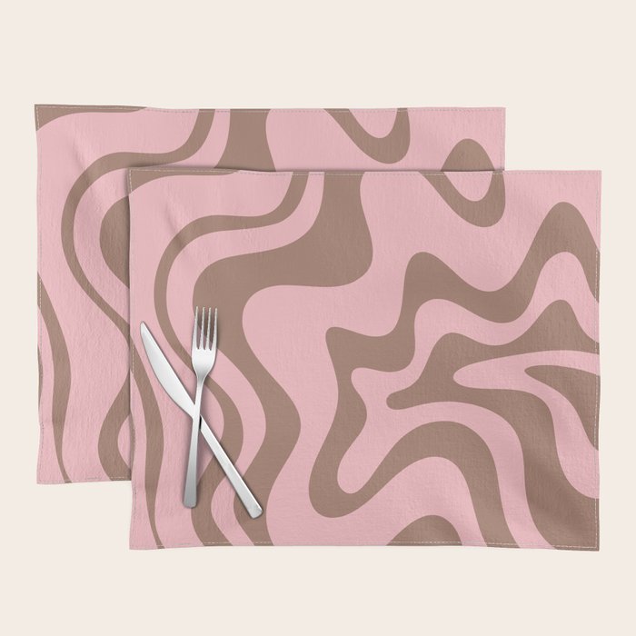 Retro Liquid Swirl Contemporary Abstract Pattern in Mocha Brown and Pink Placemat Gallery Image 1